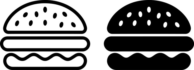 Comparison of black and white hamburger icon designs with sesame seeds and wavy bottom buns © mohammad