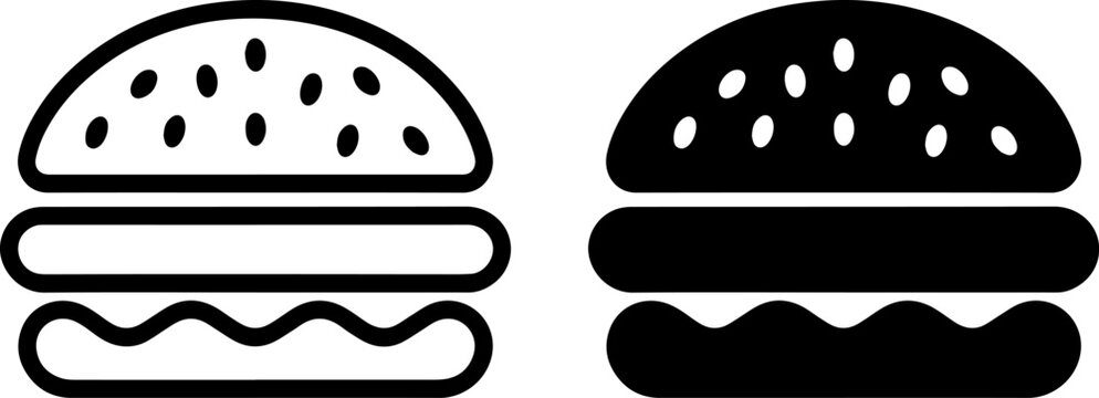 Comparison of black and white hamburger icon designs with sesame seeds and wavy bottom buns