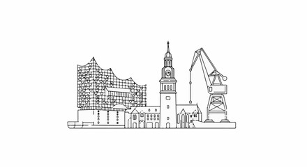 Obraz premium A line drawing of a city skyline featuring a modern building, a church, and a large crane