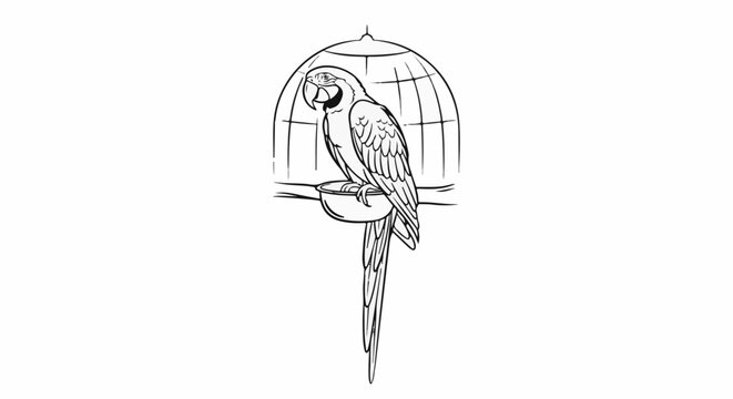 A line drawing of a colorful parrot perched inside a cage