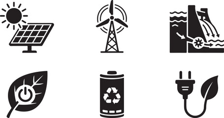 Fototapeta premium Renewable energy icons with sun wind hydro power leaf battery and plug Isolated on white background