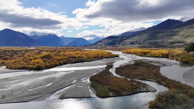 Aerial view of braided river valley in New Zealand during autumn with yellow trees and snowy mountains.