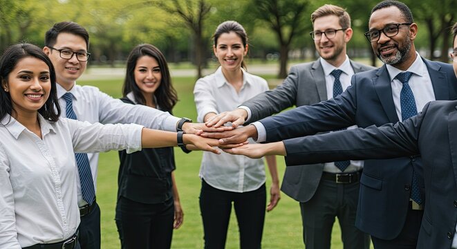Diverse business team joining hands in a park teamwork and collaboration