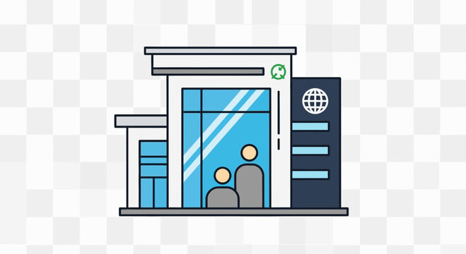 Modern office building vector graphic showcasing an elevator with business professionals, symbolizing a corporate environment and vertical transport