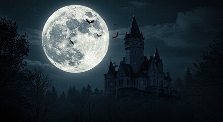 Fototapeta premium Dramatic night scene with castle bats and full moon silhouette against dark sky