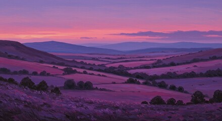 Obraz premium Dramatic purple and pink sunset landscape with rolling hills and distant mountains