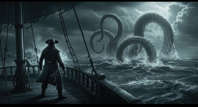 Dramatic scene of a ship facing a colossal sea monster under a stormy sky