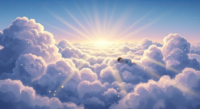 Dreamlike scene of a person floating on clouds under a brilliant sunrise
