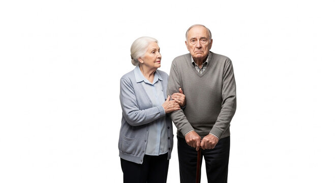 Elderly couple with walking cane, a supportive gesture from woman to man