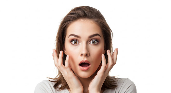 Wide-eyed young woman caught in a moment of extreme surprise, expressing shock and disbelief with an open mouth and hands near her face
