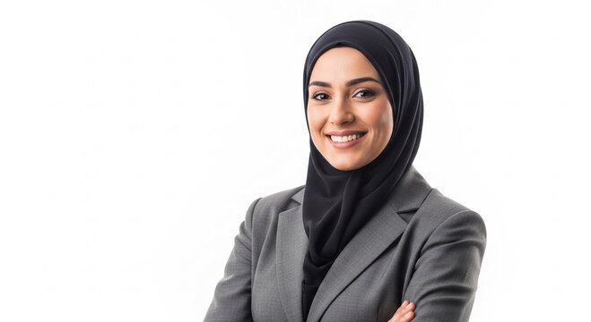 Young Muslim businesswoman with a confident smile, wearing a grey suit and black hijab, standing with arms crossed against a white background