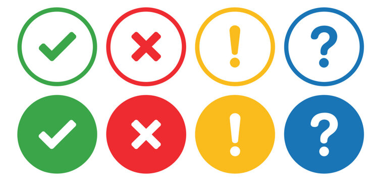 Checklist vector icon set in different colour, tick, cross, exclamation point, and question mark sign symbols, true and false, yes or no sign symbols, clean vector illustration for task lists