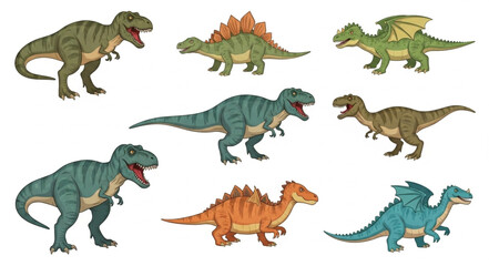 Collection of nine different dinosaur illustrations on a white background. © Tanto