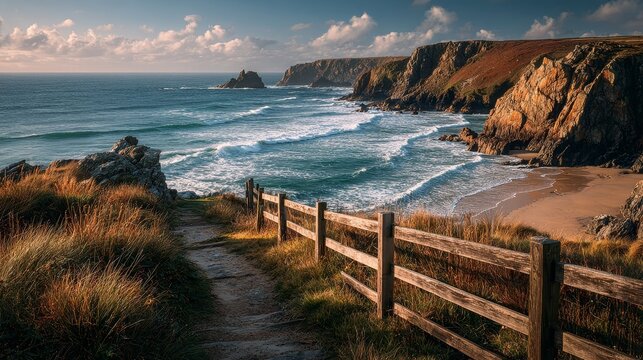 Serene coastal path at Mawgan Porth with cliffs, waves, wooden fence, sandy beach, windswept grass, soft ocean tones, warm sunlight, calming cinematic mood