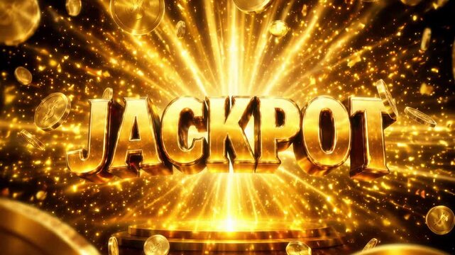 Animated golden Jackpot text glowing at center with falling rotating coins, bright explosion rays, and sparkling particles, creating a dramatic casino win and prize celebration effect.