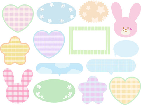 Cute vector illustrations of bunny and various shapes such as circle, heart, rectangle frame, text bubbles for rabbit cartoon, chat box, dialogue, decorations, stickers, patch, brooch, pin, name tag