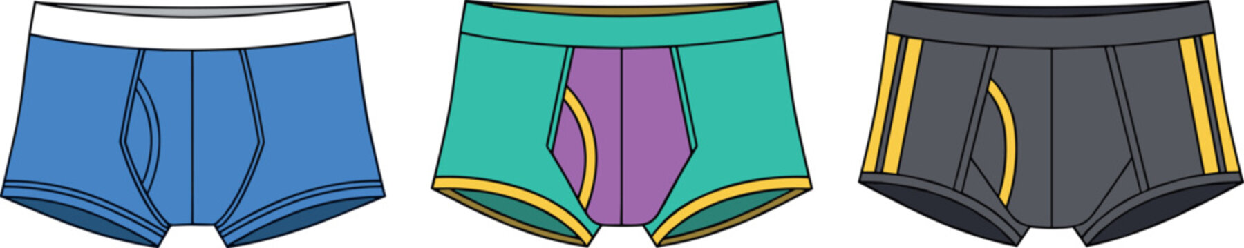 Men boxer briefs set with colorful designs modern underwear collection comfortable male clothing illustration isolated on white background