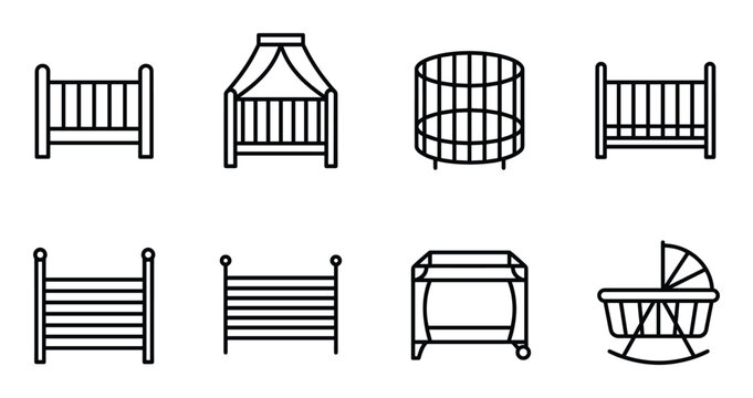 Baby crib and cot icons set: different styles, canopy, round, portable, safety gates.