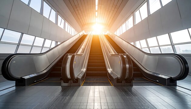 Modern escalators ascend toward a bright sunlit opening within an architectural structure with large windows, creating a sense of ascension