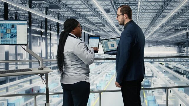 Businesspeople in microelectronics smart factory brainstorming to develop technology roadmaps. Teamworking employees using software on devices to upgrade semiconductor engineering tech, camera A