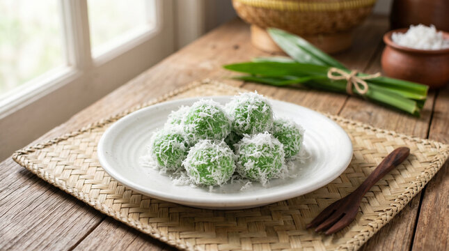 Traditional green klepon rice cakes on white plate
