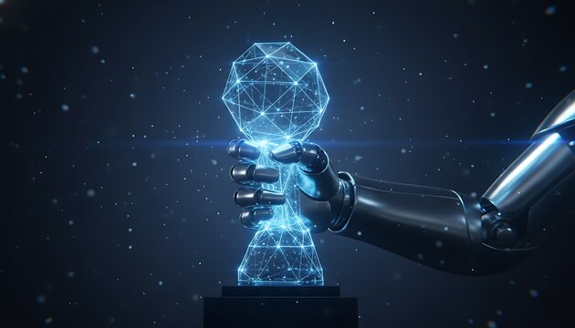 Futuristic Robotic Hand Grasping Glowing Geometric Sculpture