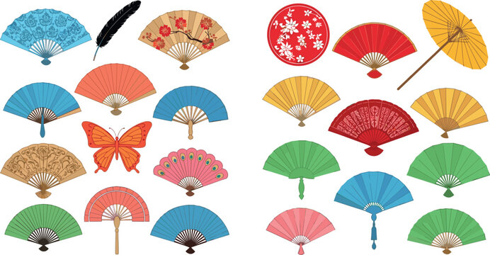 Colorful Asian folding hand fans collection with traditional patterns parasol feather and butterfly decorative vector set isolated