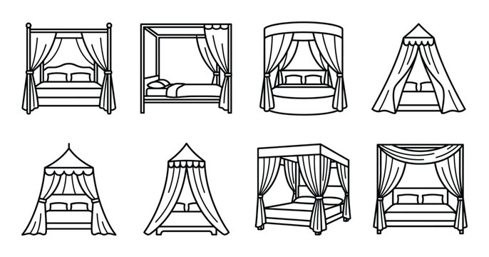 Collection of canopy beds with curtains and elegant drapes in various styles and shapes.