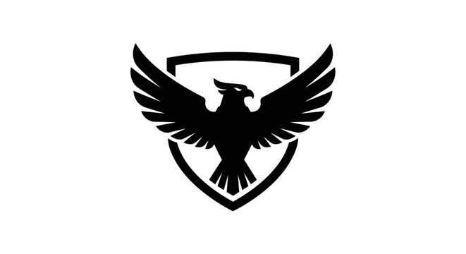 Black eagle logo on shield.