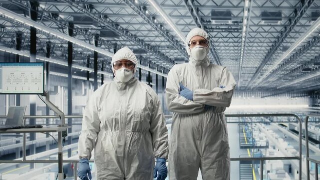 Monitoring PCB smart factory workflow, EDA software on display and portrait of engineering team. Tracking microchip production circuit layout defects, simulation application and technicians, camera A