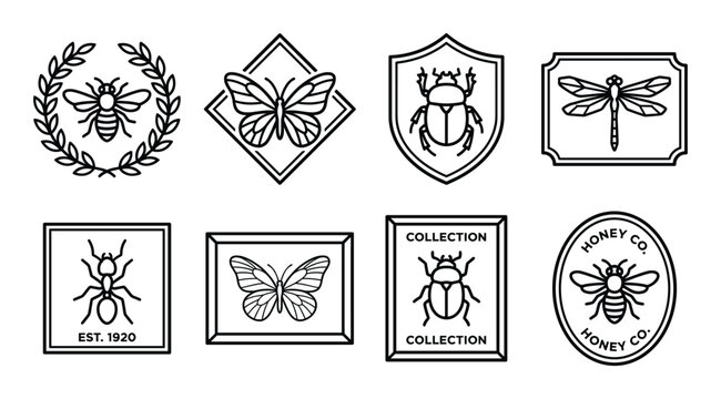 Collection of simple line art icons depicting insects and bugs in various geometric shapes.