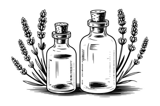 Lavender essential oil in glass bottles with flowers.