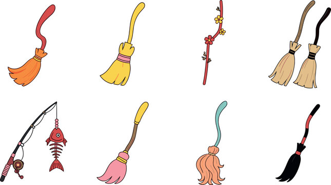 Traditional broom vector set with decorative cleaning tools witch broomsticks rustic household sweep equipment illustration collection