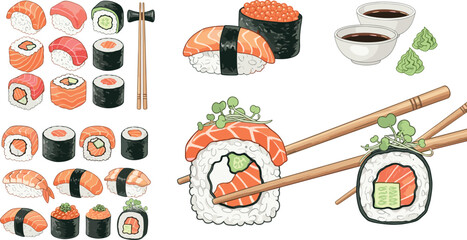 Sushi and rolls collection with salmon nigiri maki chopsticks and soy sauce Japanese food vector illustration set isolated © MD SOJIB 