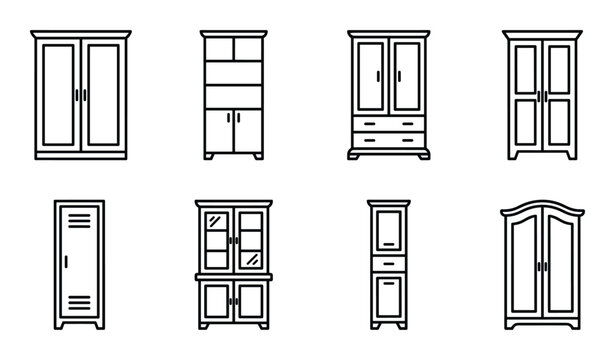 Different styles of wardrobes cabinets and storage units with doors and shelves icons.