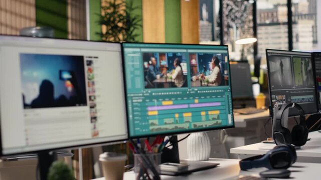 Empty video editing software and streaming platform on dual monitors, used for retouching motion picture and audio sync for sound effects. Creative process of filmmaking in agency office.