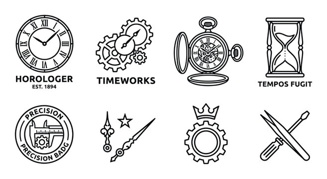 Horology and timekeeping symbols: clock, gears, pocket watch, hourglass, caliper, clock hands.