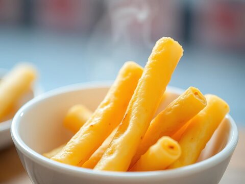 Close-up of cut youtiao, golden fried dough sticks in a white bowl, light and airy texture,  asian cuisine,  snack