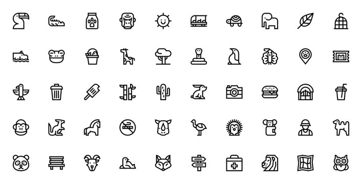 Zoo animal icon set. Vector illustration collection. Includes toucan, crocodile, gorilla, elephant, giraffe, lion, panda, monkey, kangaroo and more zoo symbols.