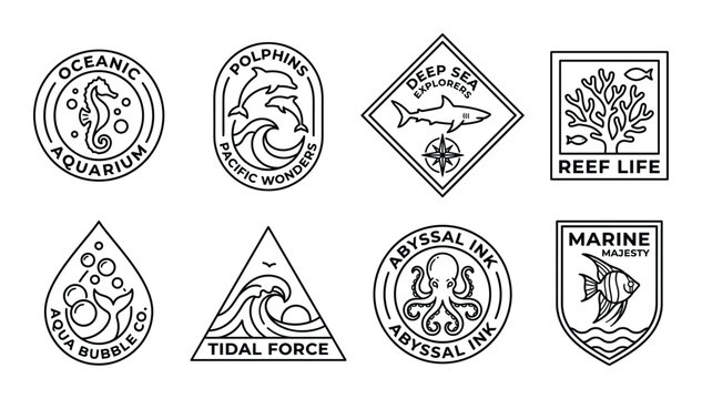 Marine life emblems with sea creatures and ocean waves in circular shapes.