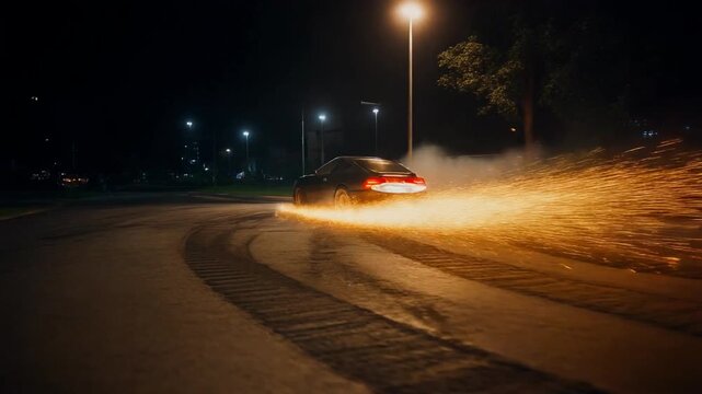 IMAX Night Drift of Sports Car with Petrol Spark Streaks and Fire Wave 4K