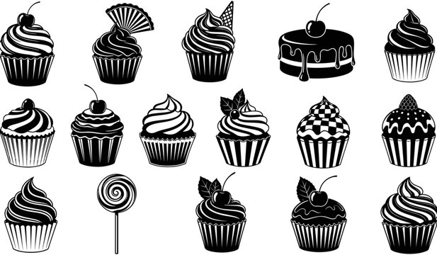 Cupcake and Dessert Silhouette Set, Sweet Cake, Muffin, Lollipop, Cherry Topping, Bakery Collection, Delicious Snacks, Vector Illustration, Isolated on White, Decorative.