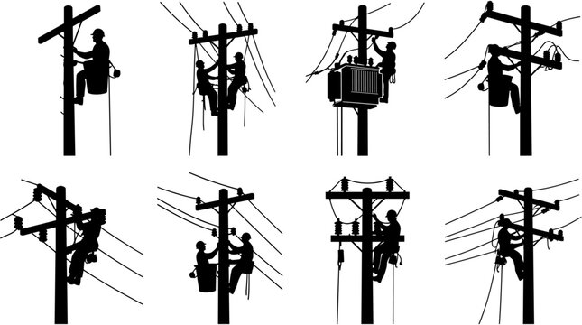 Electrician Lineman Silhouette Set, Workers Repairing Power Lines on Poles, Electrical Infrastructure Maintenance, High Voltage Cable Service, Vector Illustration.