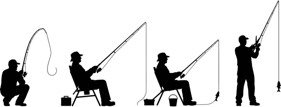 Fisherman Silhouette Set, Man Fishing with Rod, Sitting on Chair, Standing, Squatting, Outdoor Activity, Vector Illustration, Isolated on White Background.