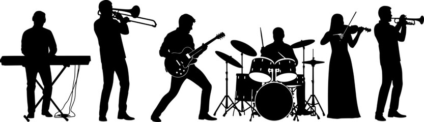 Silhouette of a live music band performing concert with keyboard, trombone, guitar, drums, violin, and trumpet, flat vector illustration design. © Ahsan