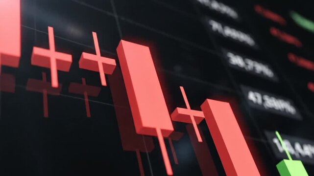 A close-up view of a stock market graph displaying red and green candlestick charts with various numbers on a dark background.