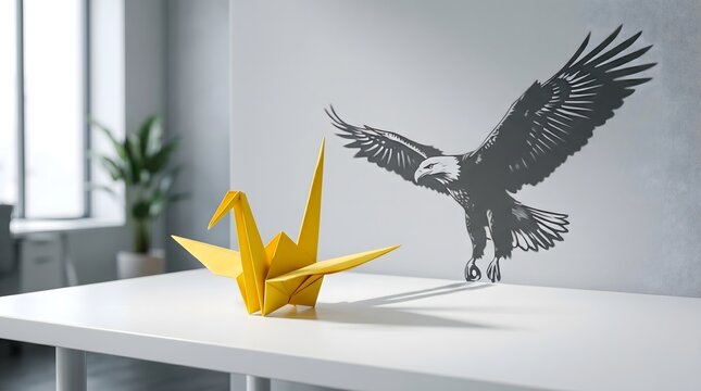A yellow origami crane on a white desk casting a large shadow of a majestic bald eagle on a grey wall, representing the concept of hidden potential and inner strength.