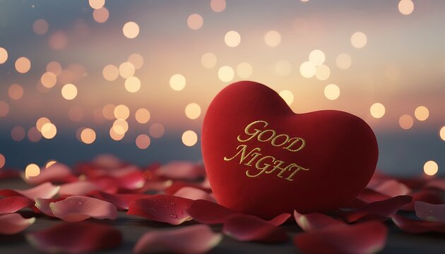 Romantic Red Heart with Good Night Message on Petals and Bokeh Lights
