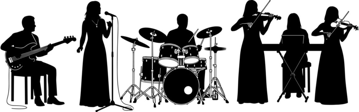 Silhouette of a live music band performing a concert with singer, guitarist, drummer, keyboardist, and violinists, flat vector illustration design.