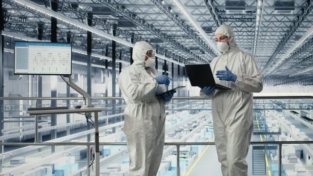 Brainstorming, reviewing semiconductors schematics and engineering team in smart factory. , overseeing hardware layouts, EDA software and technicians working together in industry 4.0 plant, camera A